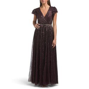 MAC DUGGAL Blackberry Ruffle Sleeve Embellished Gown